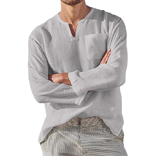  男性用 リネンシャツ コットンリネンシャツ カジュアルシャツ サマーシャツ ビーチシャツ ライトブルー ブラック ホワイト 純色 カラー カジュアル ハワイアン 衣類