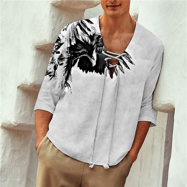 

Men's Shirt 3D Print Eagle Animal V Neck Casual Daily 3D Print Drawstring 3/4 Length Sleeve Tops Casual Fashion Designer Comfortable White