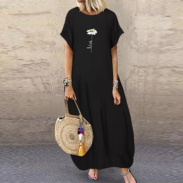 

Women's Casual Dress Midi Dress Black Short Sleeve Floral Solid Color Print Summer Crew Neck Casual Vintage Linen S M L XL XXL