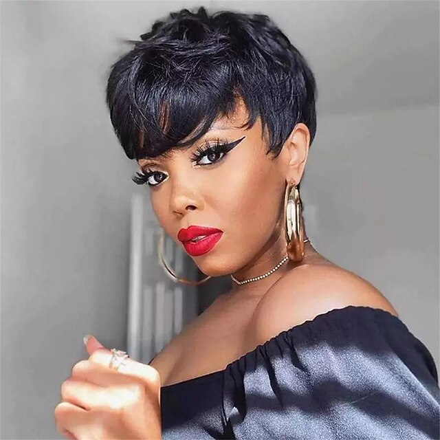 Beauty & Hair Wigs & Hair Pieces | Short Pixie Cut Human Hair Wigs With Bangs Brazilian Straight Remy Hair Wigs for Black Women 