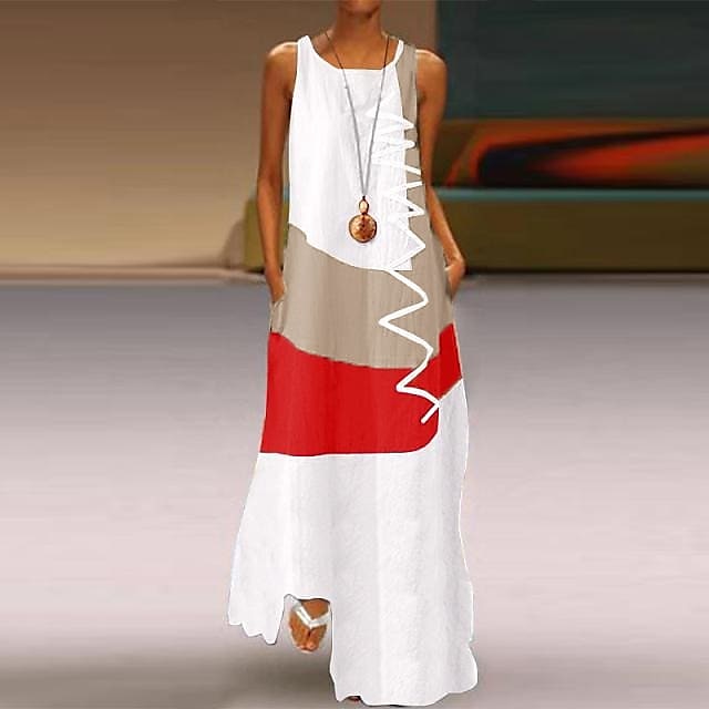  Women‘s Swing Dress Strap Dress Color Block Pocket Multi Color Elegant & Luxurious Round Neck Sleeveless Regular Summer White Dark Coffee Dark Gray Red
