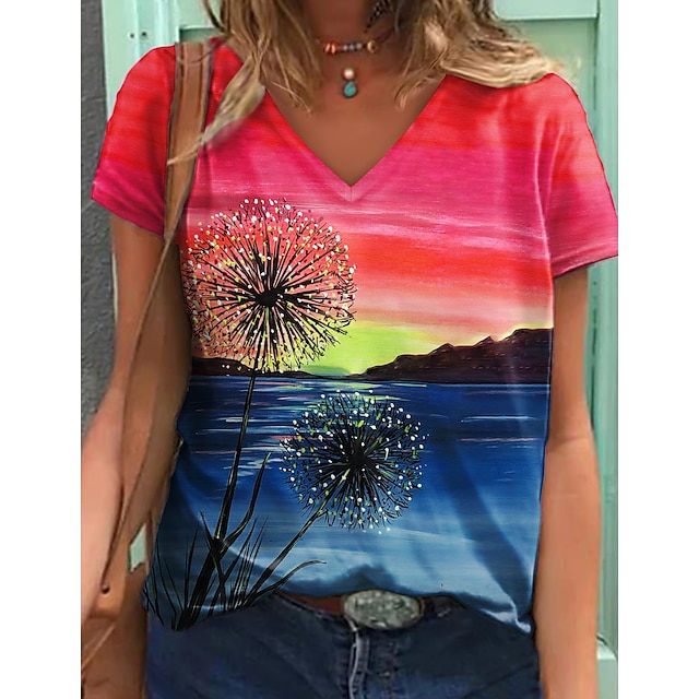  Women's T shirt Tee Green Blue Purple Scenery 3D Print Short Sleeve Casual Holiday Basic V Neck Regular Floral 3D Printed Painting S