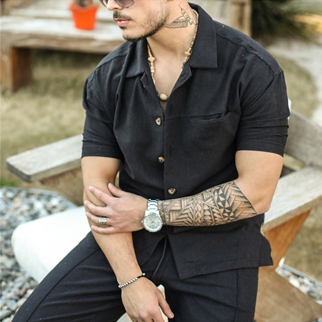 

Men's Shirt Solid Color Turndown Street Casual Button-Down Short Sleeve Tops Casual Fashion Breathable Comfortable Black