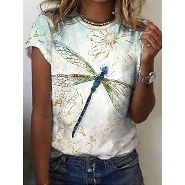 

Women's T shirt Floral Butterfly Patchwork Print Round Neck Basic Tops Rainbow / 3D Print