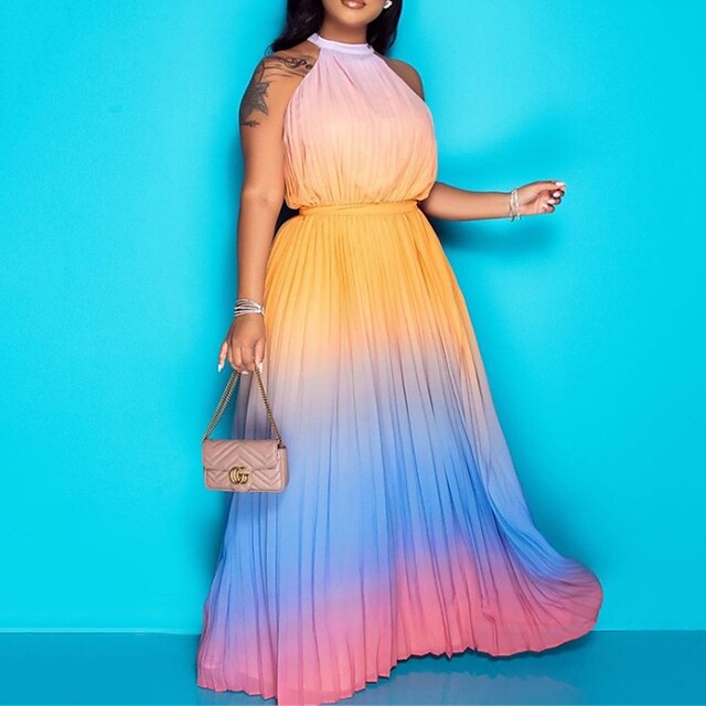 

Women's A Line Dress Maxi long Dress Purple Yellow Light Blue Sleeveless Color Gradient Backless Print Spring Summer Halter Neck Stylish Vacation 2022 S M L XL XXL