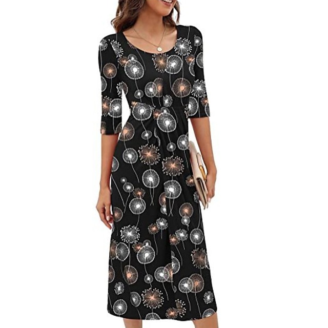 

Women's Sheath Dress Knee Length Dress Black Pink Light Red Red Brown 3/4 Length Sleeve Floral Polka Dot Leopard Ruched Print Spring Summer Round Neck Casual 2022 S M L XL