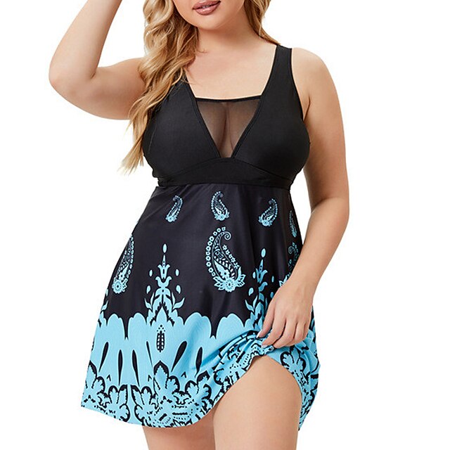 

Women's Swimwear Tankini 2 Piece Plus Size Swimsuit Open Back Mesh Floral Blue Plunge Bathing Suits New Vacation Fashion / Modern / Padded Bras