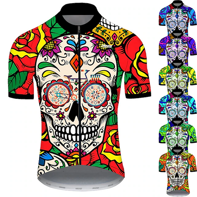 Men's Cycling Jersey Skull Patterned Sugar Skull Short Sleeve Bike Jersey Top with 3 Rear Pockets Mountain Bike MTB Road Bike Cycling Cycling Quick Dry Ultraviolet Resistant Reflective Strips Sports 11