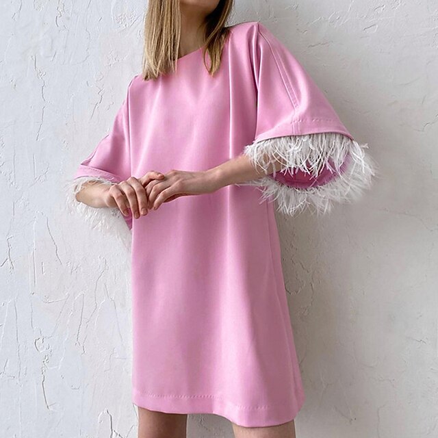 

Women's Shift Dress Short Mini Dress Purple Pink Beige 3/4 Length Sleeve Pure Color Feather Spring Summer Round Neck Casual Classic 2022 S M L