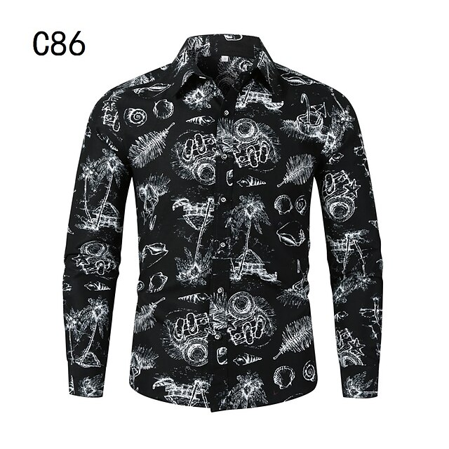 

Men's Shirt Print Graphic Classic Collar Holiday Going out Print Long Sleeve Tops Casual Beach Black