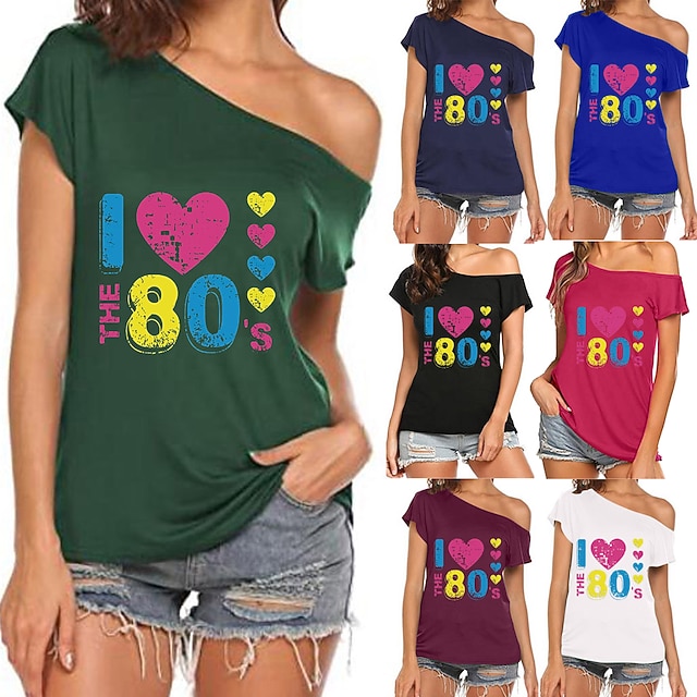 

Women's T shirt Letter Print Diagonal Neck One-Shoulder Vintage Tops Green Blue White
