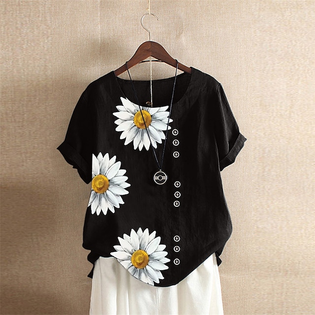 

Women's Plus Size Tops T shirt Floral Daisy Print Short Sleeve Crewneck Vintage Streetwear Daily Sports Polyester Spring Summer Black Pink