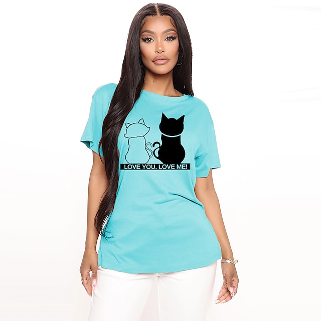 

Women's T shirt Cat Graphic Print Round Neck Basic Tops 100% Cotton Green Blue White