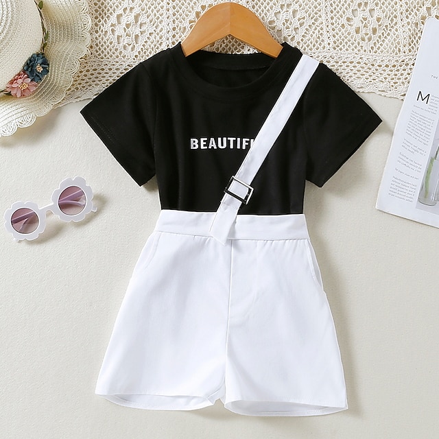 

Kids Girls' T-shirt Shorts Clothing Set 2 Pieces Short Sleeve Black Letter Indoor Outdoor Cute Sweet Regular 2-8 Years