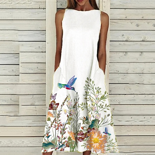 

Women's A Line Dress Maxi long Dress White Sleeveless Floral Pocket Print Spring Summer Round Neck Elegant Casual Vacation 2022 S M L XL XXL 3XL 4XL 5XL