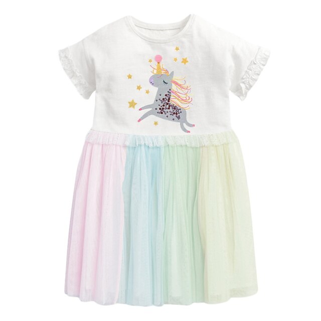 

Kids Little Girls' Dress Cartoon Unicorn Color Block A Line Dress Daily Ruched Mesh Print White Midi Short Sleeve Cute Sweet Dresses Fall Summer Regular Fit 2-8 Years