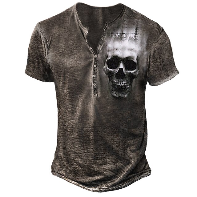 

Men's Henley Shirt Tee T shirt 3D Print Graphic Skull Plus Size Henley Casual Daily Button-Down Print Short Sleeve Tops Casual Retro Designer Military Dark Gray