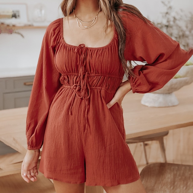 

Women's Romper Backless Solid Color Square Neck Casual Daily Vacation Regular Fit Long Sleeve Red S M L Spring