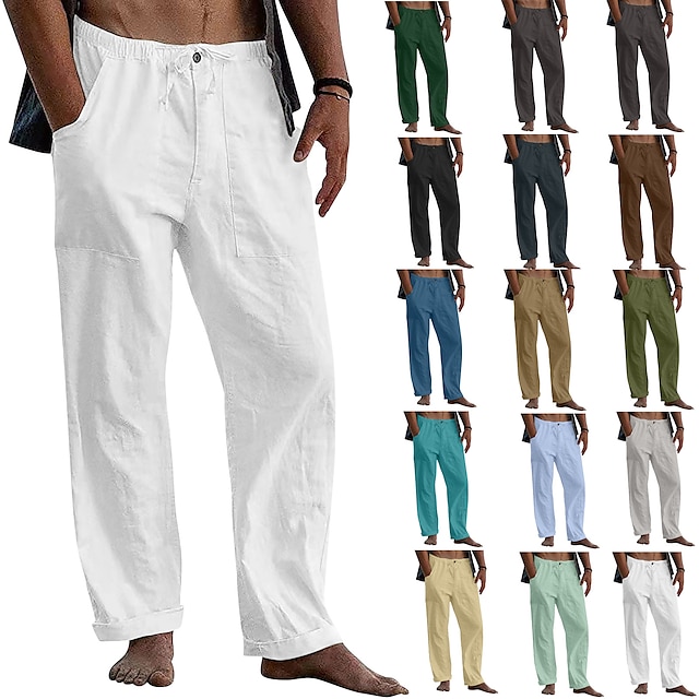  Men‘s Linen Yoga Pants Wide Leg Bottoms Quick Dry Solid Color Dark Grey Green White Cotton Linen Yoga Pilates Dance Summer Sports Activewear Micro-elastic Loose / Athletic / Casual / Athleisure