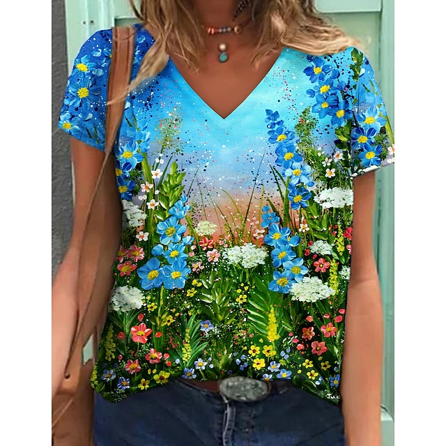 Women's T shirt Tee Blue Floral Print Short Sleeve Casual Holiday Basic V Neck Regular Floral Painting S / 3D Print