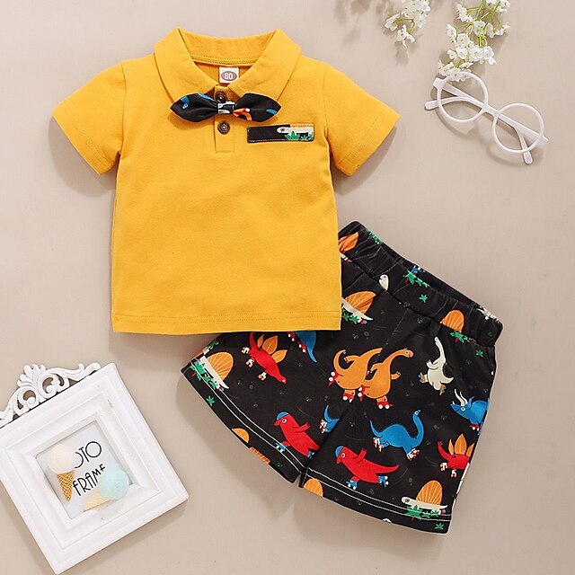 

Toddler Boys T-shirt Shorts Clothing Set 2 Pieces Short Sleeve Yellow Cartoon Dinosaur Animal Bow Print Indoor Outdoor Casual Daily Regular 1-4 Years