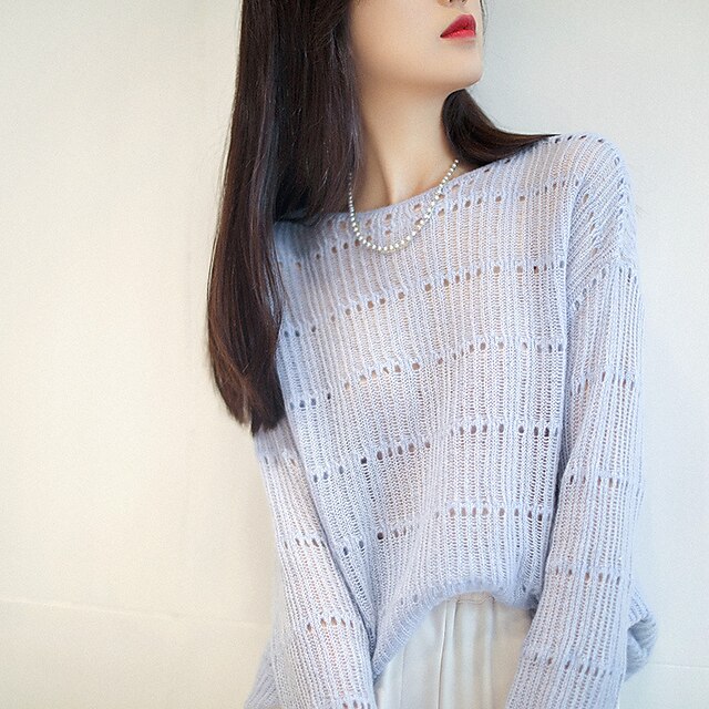 

Women's Sweater Pullover Jumper Knitted Pure Color Stylish Casual Soft Long Sleeve Sweater Cardigans Crew Neck Spring Summer White Yellow Light Blue