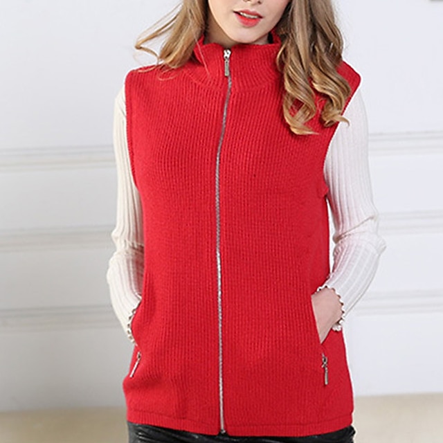 

Women's Vest Zipper Knitted Pure Color Stylish Casual Soft Sleeveless Sweater Cardigans Stand Collar Spring Summer Black Red