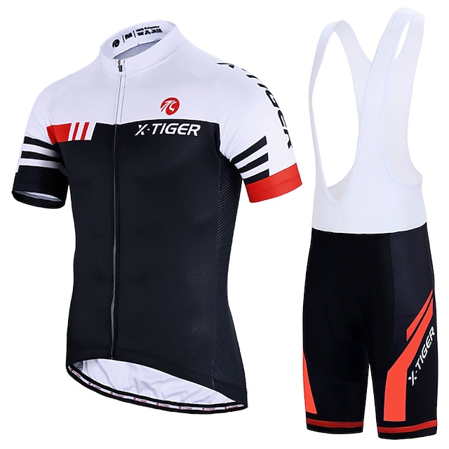 Men's Short Sleeve Cycling Jersey with Bib Shorts Summer Spandex Polyester Green Red Blue Stripes Bike Clothing Suit 3D Pad Breathable Quick Dry Reflective Strips Sports Stripes Mountain Bike MTB