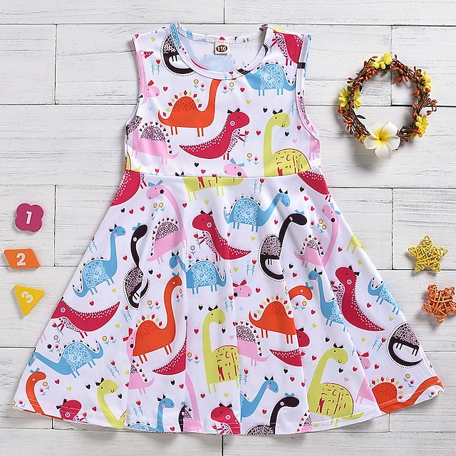 

Kids Little Girls' Dress Cartoon Dinosaur Animal A Line Dress Daily Ruched Print White Knee-length Sleeveless Cute Sweet Dresses Fall Summer Regular Fit 3-10 Years