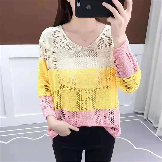 

Women's Sweater Pullover Jumper Hollow Out Knitted Patchwork Striped Color Block Stylish Casual Soft Long Sleeve Sweater Cardigans V Neck Fall Spring Pink Khaki Yellow