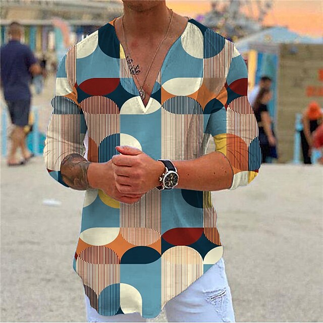 

Men's Shirt 3D Print Geometry V Neck Casual Daily 3D Print Long Sleeve Tops Casual Fashion Designer Comfortable Blue