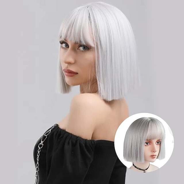 Beauty & Hair Wigs & Hair Pieces | Gray Wigs Short Bob Gray Wigs with Bangs 10 inch Straight Synthetic Brazlian Straight Hair He