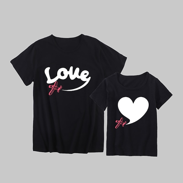 Baby & Kids Matching Outfits | Mommy and Me Valentines T shirt Tops Cotton Graphic Heart Letter Daily Print Black Pink Wine Shor