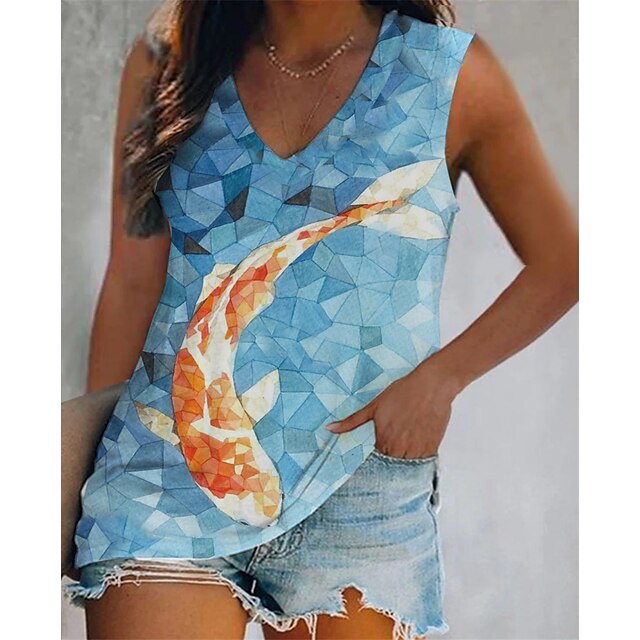 

Women's Geometric Blouse Camis Color Gradient Fish Patchwork Print V Neck Casual Beach Tops Blue / 3D Print