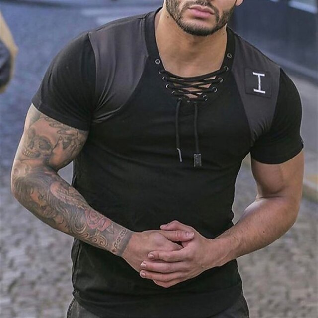 

Men's T shirt Patchwork V Neck Casual Daily Lace up Short Sleeve Tops Lightweight Fashion Big and Tall Sports Black