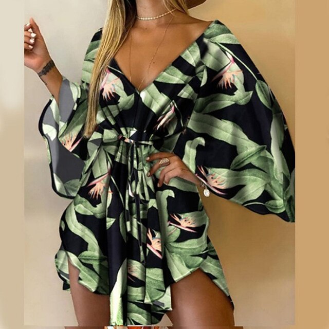 

Women's A Line Dress Short Mini Dress Green Pink Rainbow Red Brown Yellow Beige Long Sleeve Floral Lace up Print Spring Summer V Neck Stylish Casual Modern 2022 S M L XL XXL 3XL