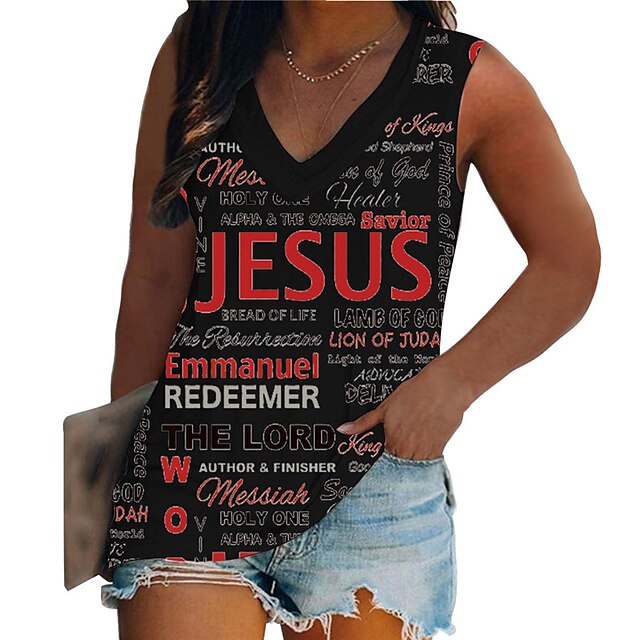

Women's Plus Size Tops T shirt Letter Print Sleeveless V Neck Vintage Streetwear Daily Going out Cotton Blend Spring Summer Blue White