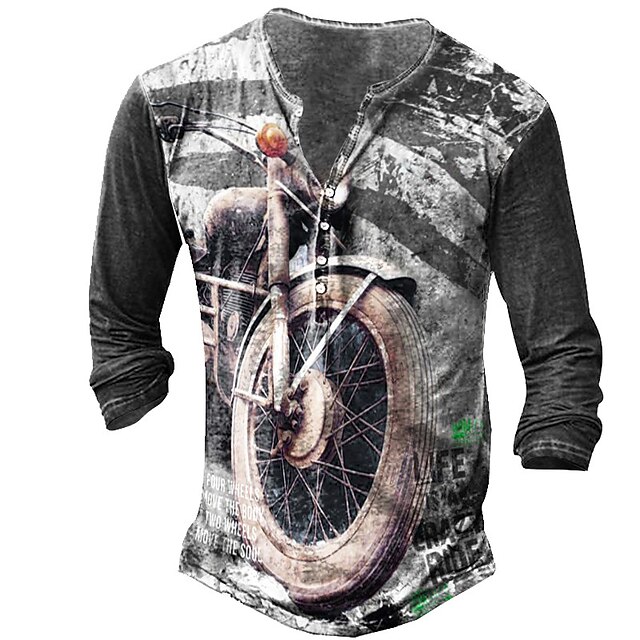

Men's Unisex Henley Shirt T shirt 3D Print Graphic Prints Motorcycle Henley Street Daily Button-Down Print Long Sleeve Tops Basic Casual Fashion Retro Gray