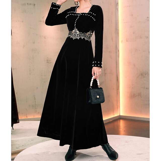 

Women's Sheath Dress Maxi long Dress Blue Black Long Sleeve Solid Color Jacquard Beads pearl Fall Winter U Neck Party Elegant Luxurious Formal Linen S M L XL / Party Dress