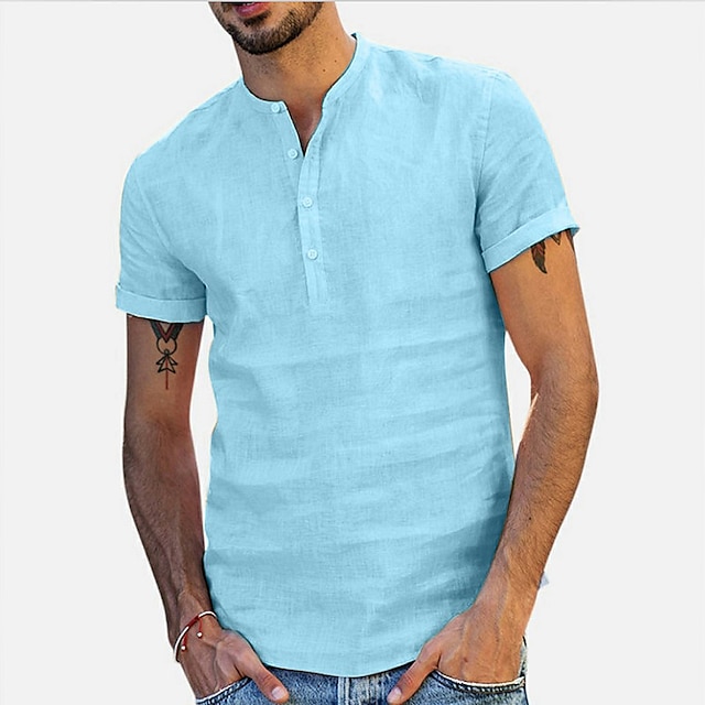  Herren Wander-T-Shirt Wanderhemd Henley-Shirt V Ausschnitt Oberteil Außen Atmungsaktiv Schnelltrocknend Leicht Bequem Sommer Frühling Baumwolle und Leinen Hellblau Schwarz Weiß Angeln Klettern Strand