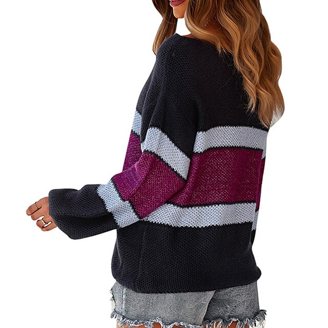 Womens Clothing Sweaters & Cardigans | Womens Pullover Sweater Jumper crochet Knit Stripe Knitted Striped Crew Neck Stylish Casu