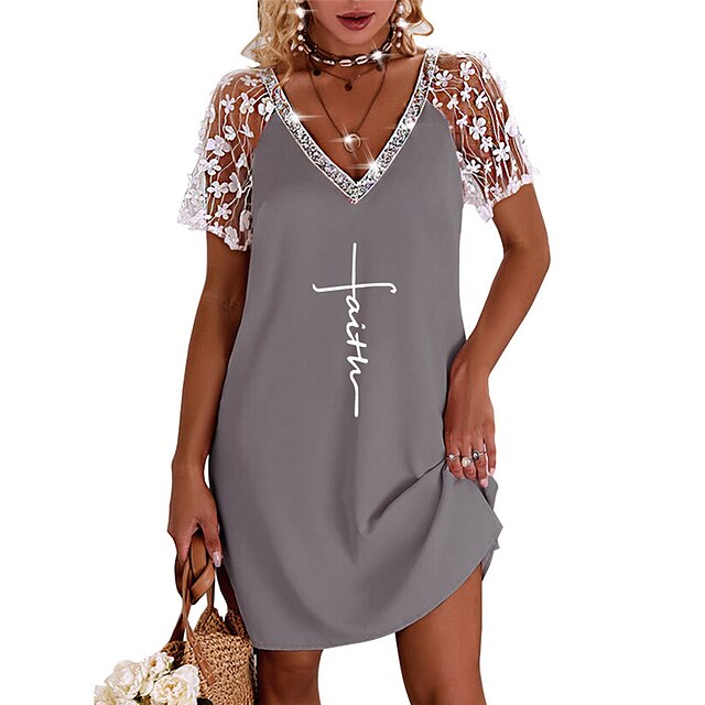 

Women's Shift Dress Short Mini Dress White Gray Pink Short Sleeve Letter Lace Print Spring Summer V Neck Casual 2022 S M L XL XXL