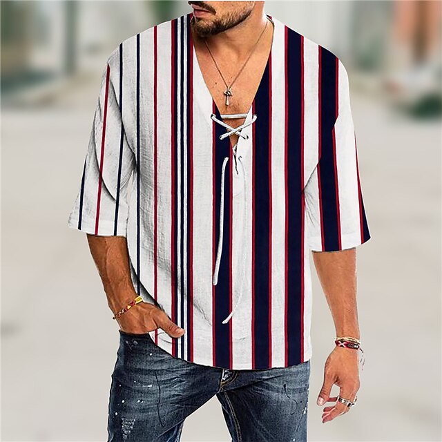 

Men's Shirt Striped V Neck Casual Daily Drawstring 3/4 Length Sleeve Tops Casual Fashion Designer Comfortable Wine