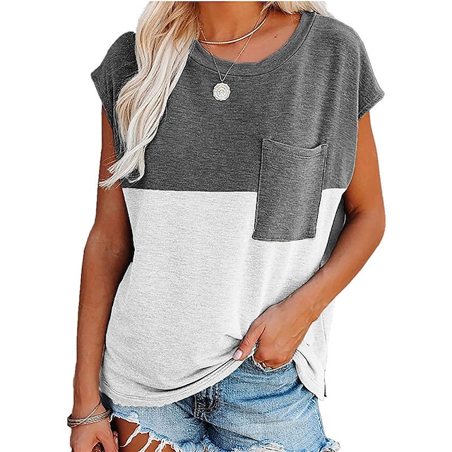 

Women's T shirt Color Block Pocket Patchwork Round Neck Basic Tops White Gray Wine