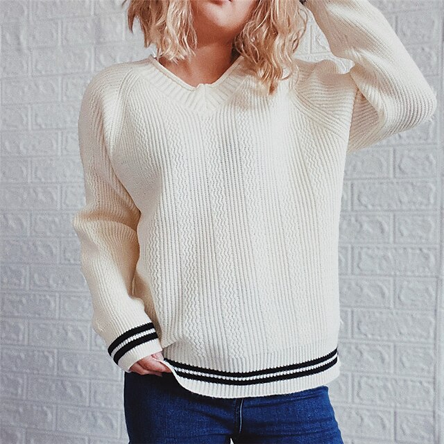 

Women's Sweater Pullover Jumper Knitted Striped Stylish Elegant Casual Long Sleeve Sweater Cardigans V Neck Spring Summer White Black