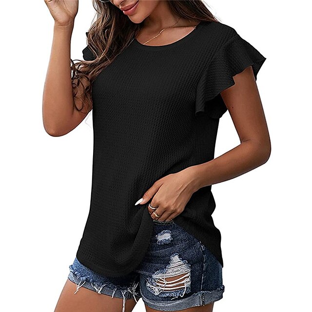 

Women's T shirt Plain Ruffle Round Neck Basic Tops White Black Pink