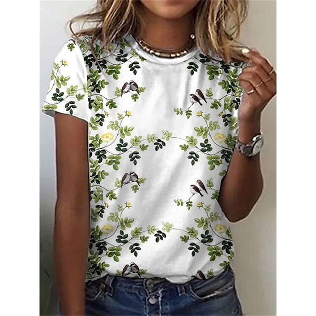 

Women's Floral Theme T shirt Floral Plants Animal Print Round Neck Basic Tops White / 3D Print