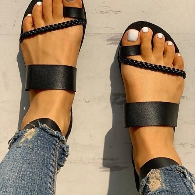 Shoes & Bags Womens Shoes | Womens Sandals Flat Sandals Buckle Flat Heel PU Leather Buckle Fall Summer Solid Colored Black - GP8