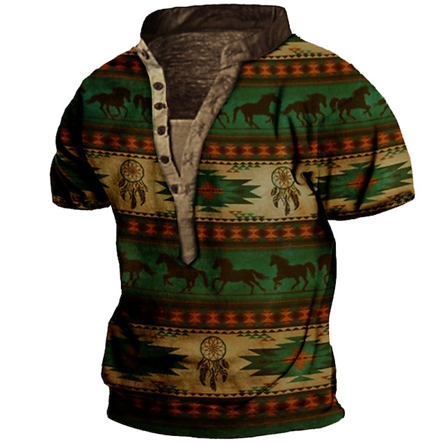 

Men's Henley Shirt Tee T shirt 3D Print Graphic Horse Henley Casual Daily Button-Down Print Short Sleeve Tops Fashion Vintage Retro Big and Tall Green / Summer