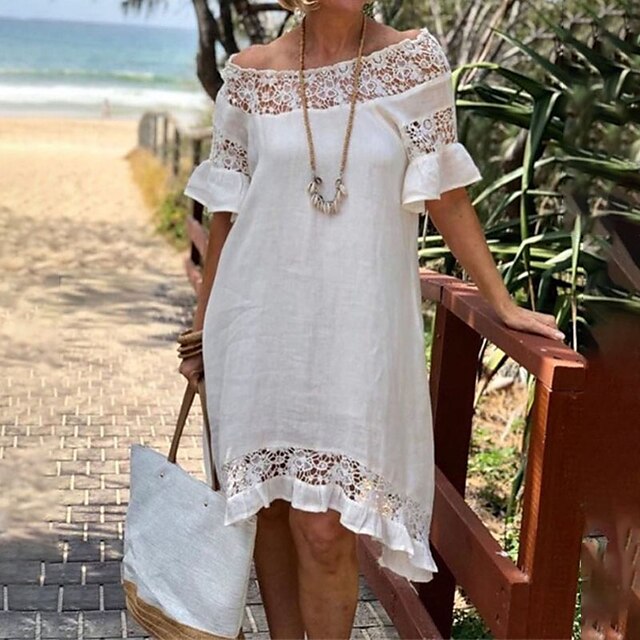 

Women's Shift Dress Midi Dress White Short Sleeve Pure Color Ruffle Lace Cold Shoulder Spring Summer Off Shoulder Stylish Elegant 2022 S M L XL XXL 3XL 4XL 5XL